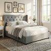 Queen size gray upholstered platform bed with tufted wingback headboard and lift-up storage for efficient organization.