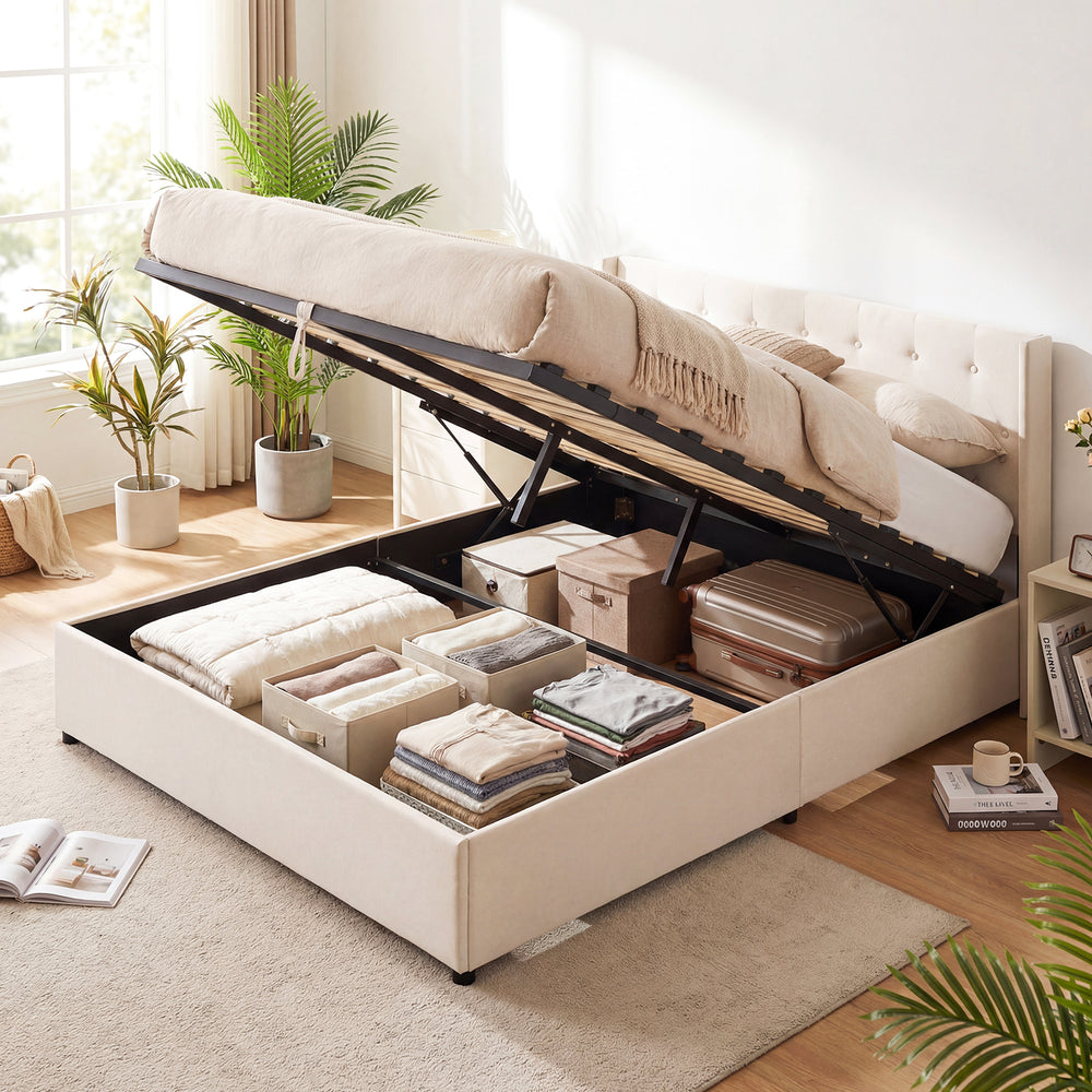Queen Size Lift-up Storage Bed Modern Linen Upholstered Platform Bed-Beige - Gallery View 1 of 10