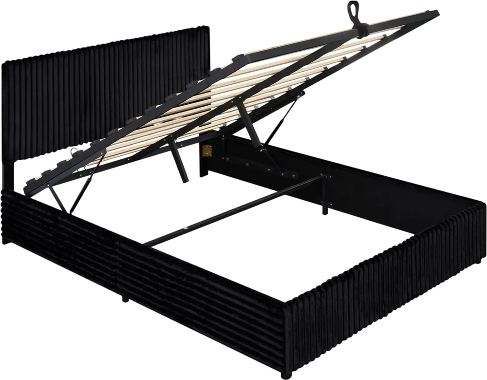 Queen size lift-up storage bed in black with upholstered headboard and large under-bed storage for organization.
