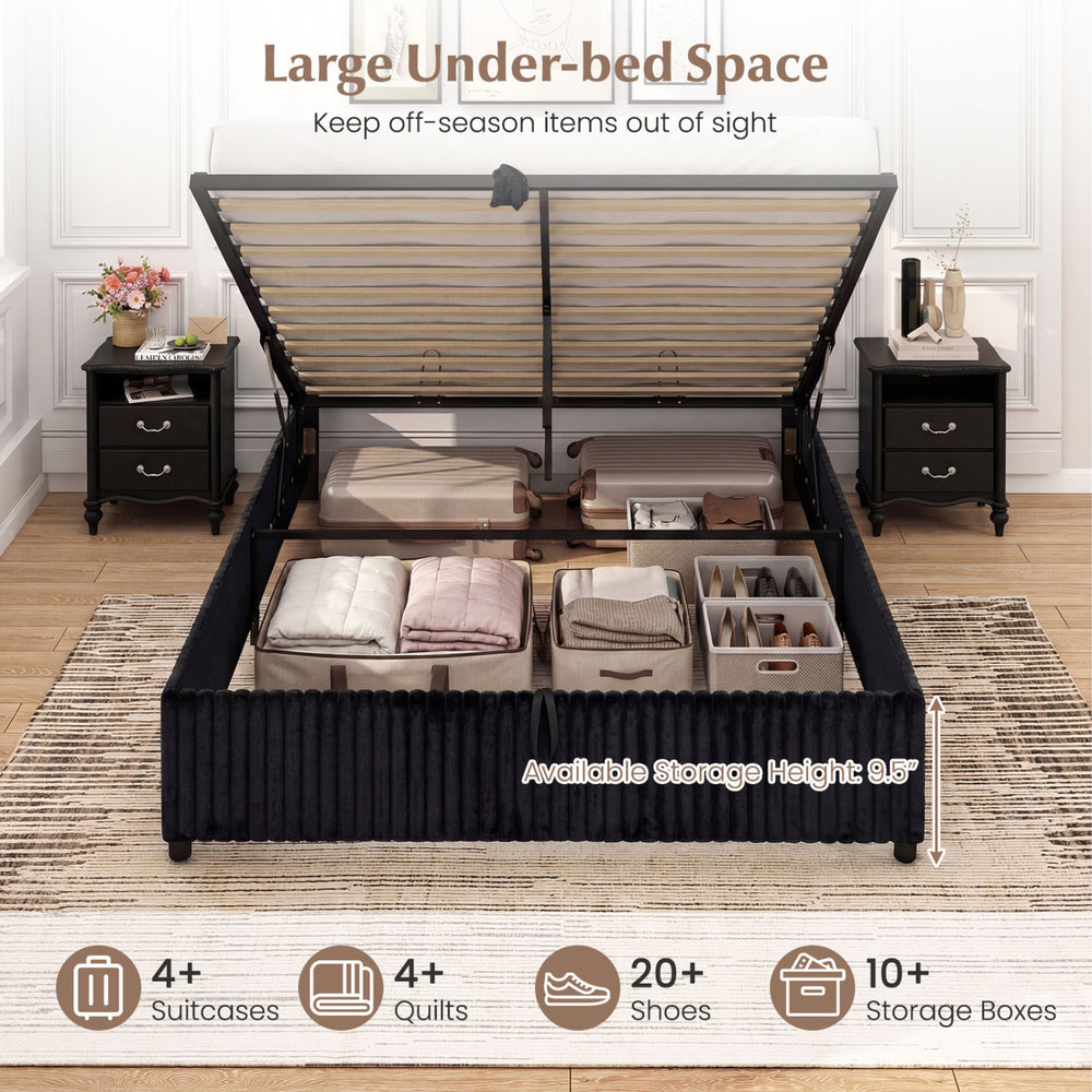 Queen size lift-up storage bed in black with large under-bed space for suitcases, quilts, and shoes, featuring a plush.
