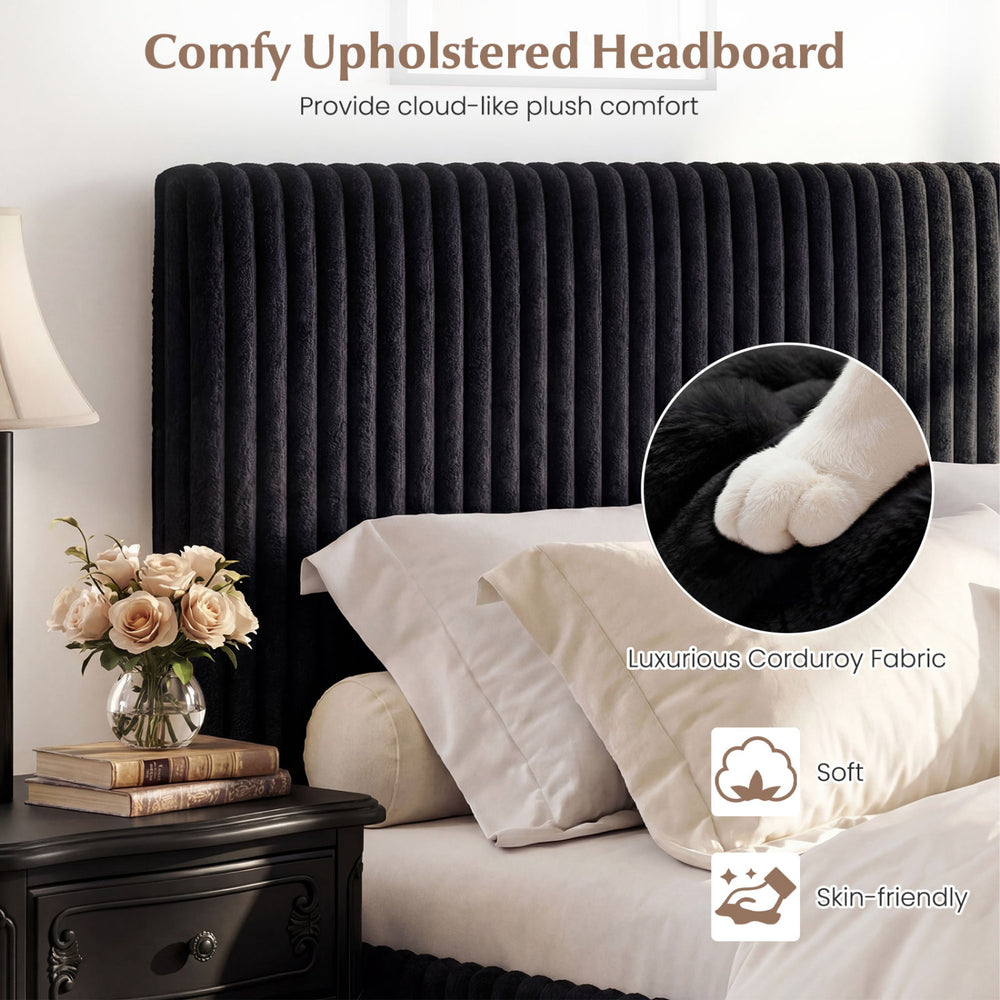 Queen size lift-up storage bed with plush upholstered headboard in black, featuring luxurious corduroy fabric for.