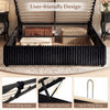 Lift-up storage bed with hand-lifting strap and soft-close gas struts, featuring luxurious black corduroy fabric.
