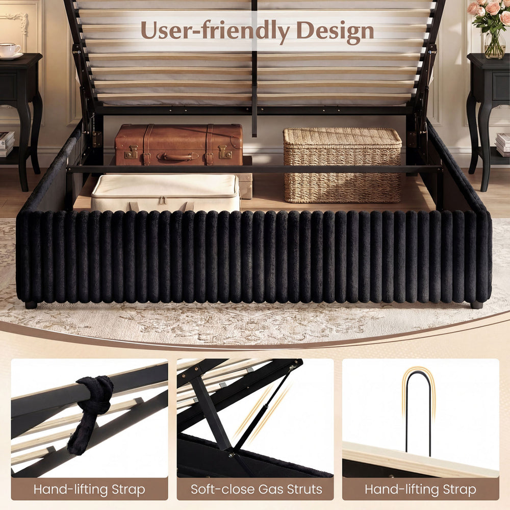 Lift-up storage bed with hand-lifting strap and soft-close gas struts, featuring luxurious black corduroy fabric.