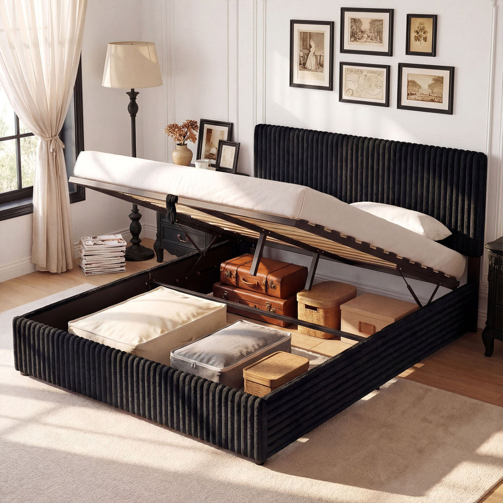 Queen size lift-up storage bed in black corduroy with under-bed space for suitcases and quilts, featuring a plush.