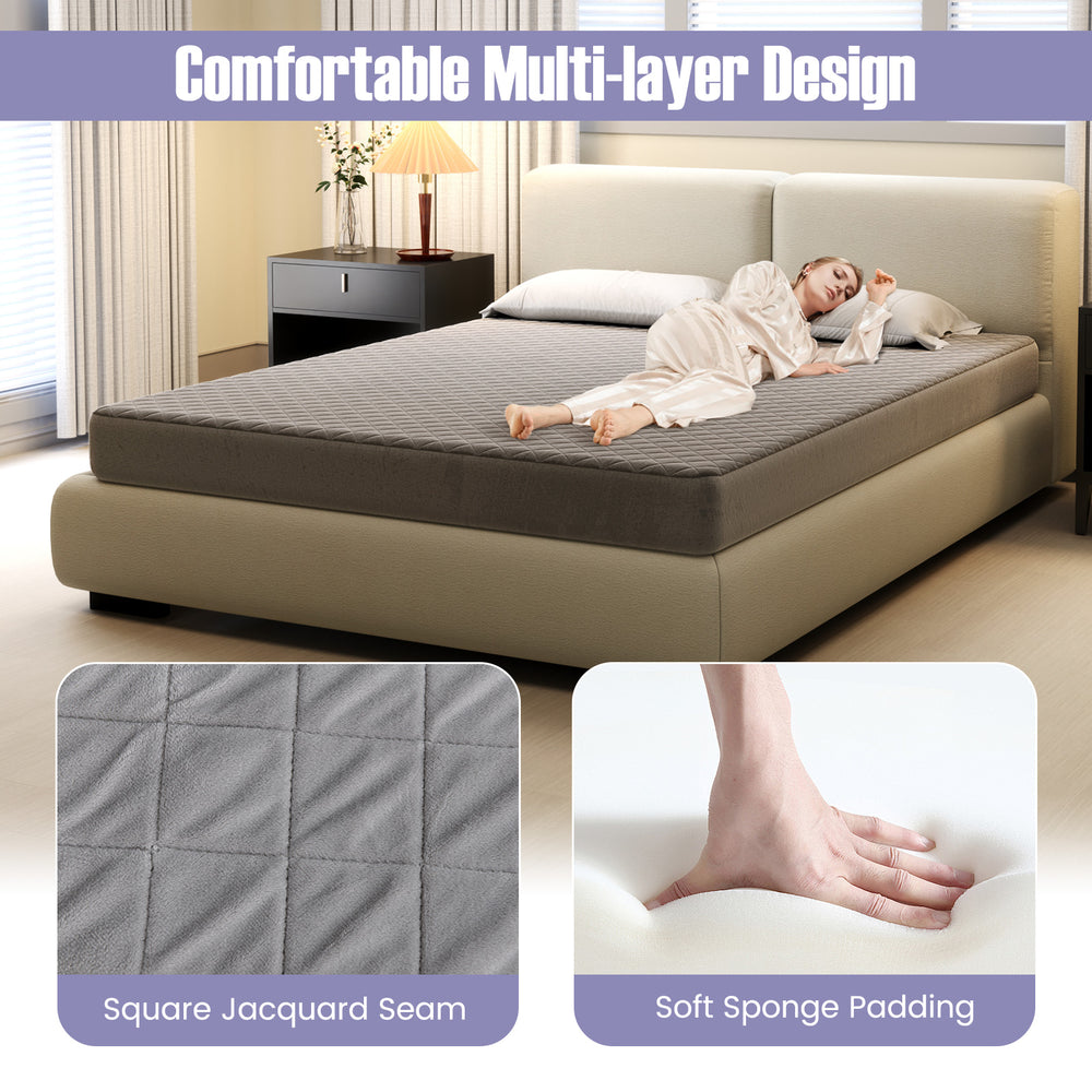 Queen size mattress protector with breathable velvet surface, square jacquard design, and soft sponge padding for.