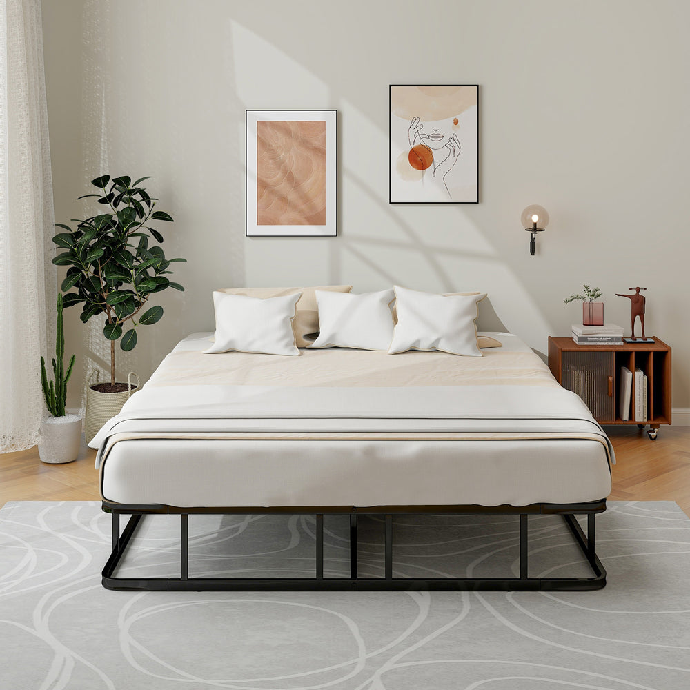 Queen size bed frame with metal slat support, featuring a sleek design and sturdy construction for modern bedrooms.