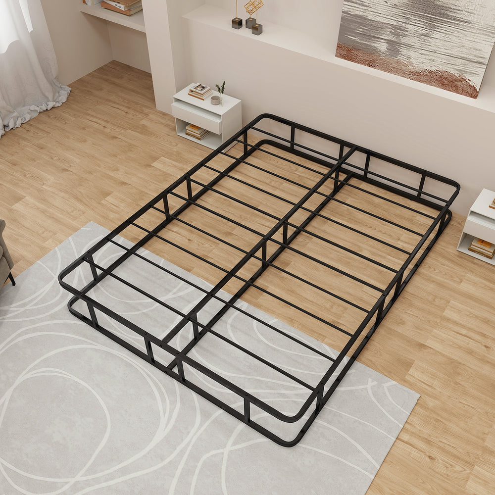 Queen size bed frame with metal slat support, featuring a sturdy design and non-slip foot pads for floor protection.