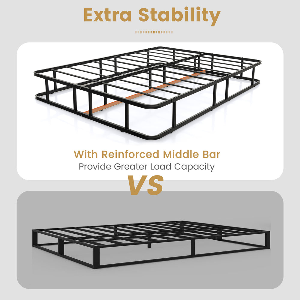 Queen size bed frame comparison showing reinforced middle bar for extra stability and greater load capacity.