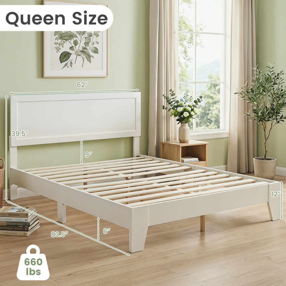 Queen size modern bed frame in white with headboard, featuring wooden slats and ample under-bed storage space.