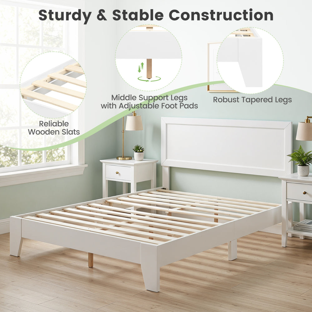Queen size modern bed frame in white with wooden slats, tapered legs, and mid-century headboard for stylish bedroom.