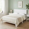 Queen size modern bed frame in white with mid-century headboard, featuring wooden slats and ample under-bed storage.