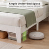 Queen size modern bed frame in white showcasing 6" under-bed space for storage and easy floor cleaning.