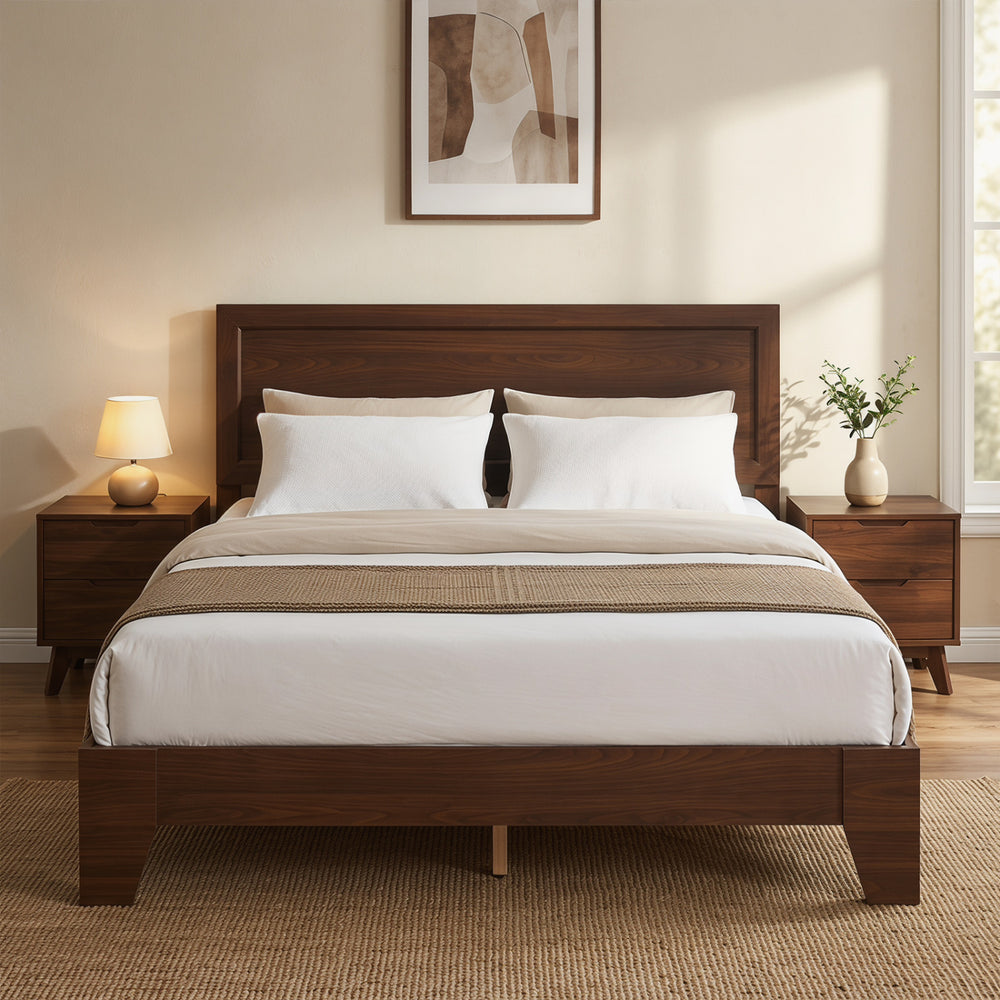 Queen Size Modern Bed Frame with Headboard-Walnut - Gallery View 1 of 10