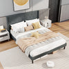 Queen size upholstered bed frame in gray with button tufted wingback headboard, featuring wooden slats for mattress.