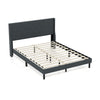 Queen size upholstered bed frame in gray with button tufted wingback headboard and wooden slats for mattress support.
