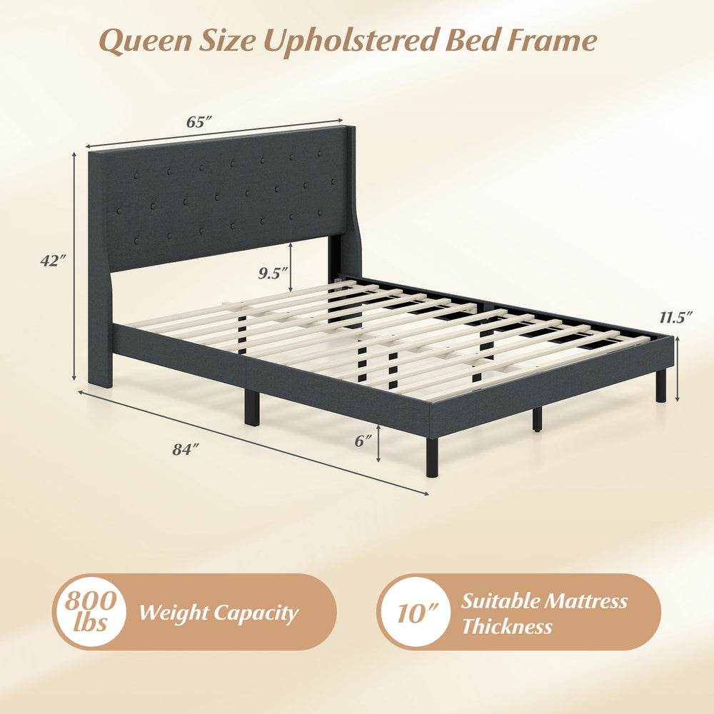 Queen size upholstered bed frame in gray with wooden slats, featuring adjustable middle support legs for enhanced.