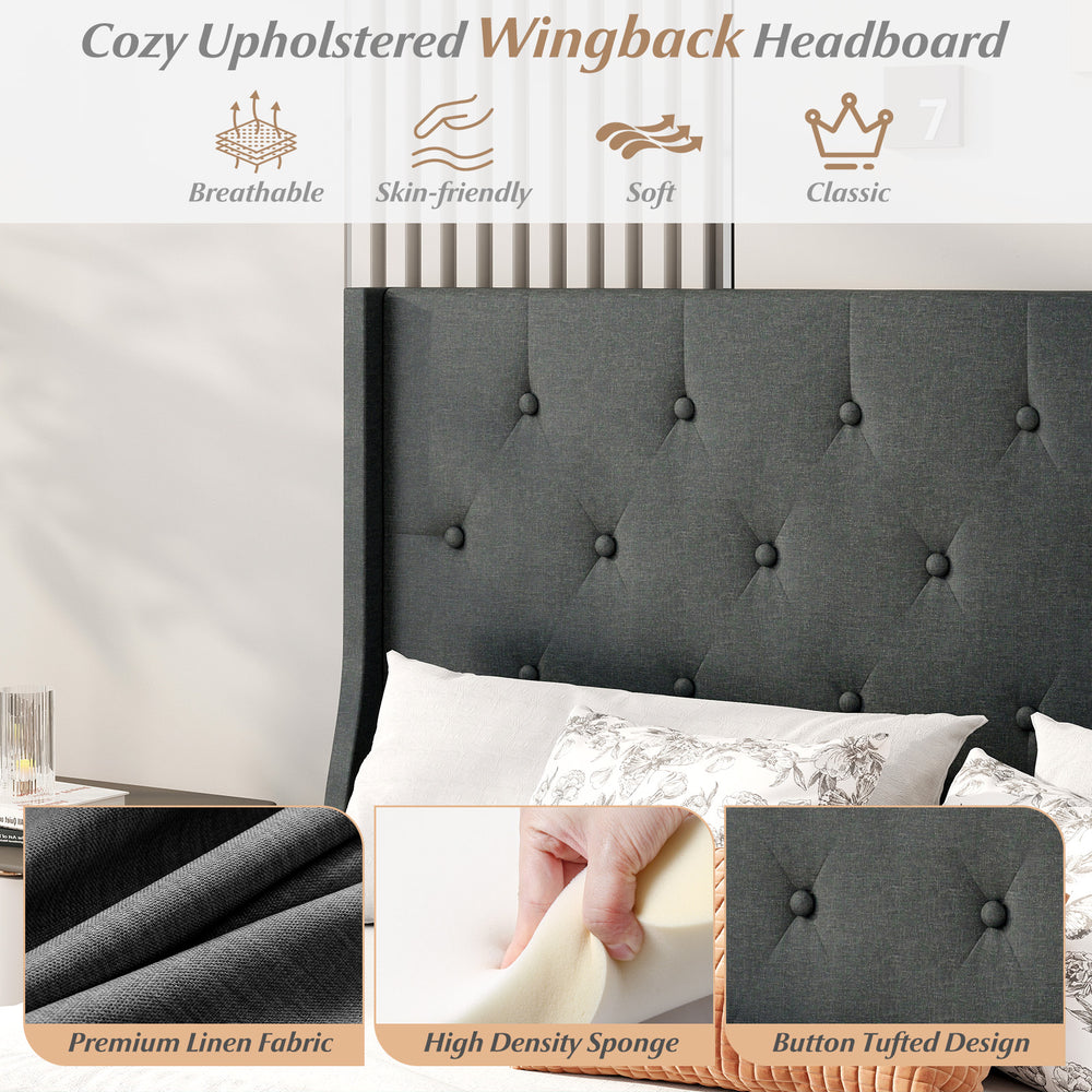 Queen size upholstered wingback headboard in gray with button tufted design and premium linen fabric for stylish.