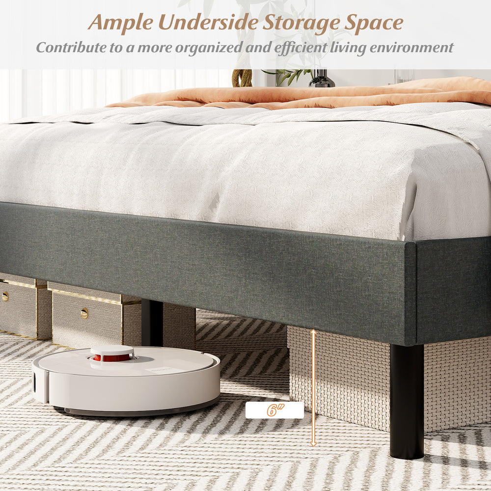 Queen size upholstered bed frame with button tufted headboard, featuring ample under-bed storage space for organization.