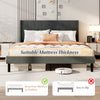 Queen size upholstered bed frame in gray with button tufted headboard, wooden slats, and ample under-bed storage.