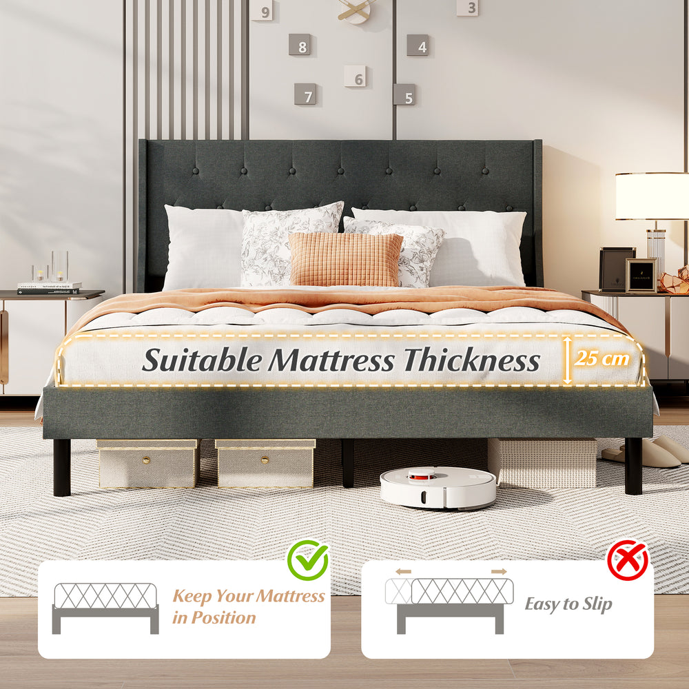 Queen size upholstered bed frame in gray with button tufted headboard, wooden slats, and ample under-bed storage.
