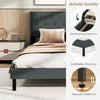 Queen size upholstered bed frame in gray with button tufted headboard and solid rubber wood legs for sturdy support.