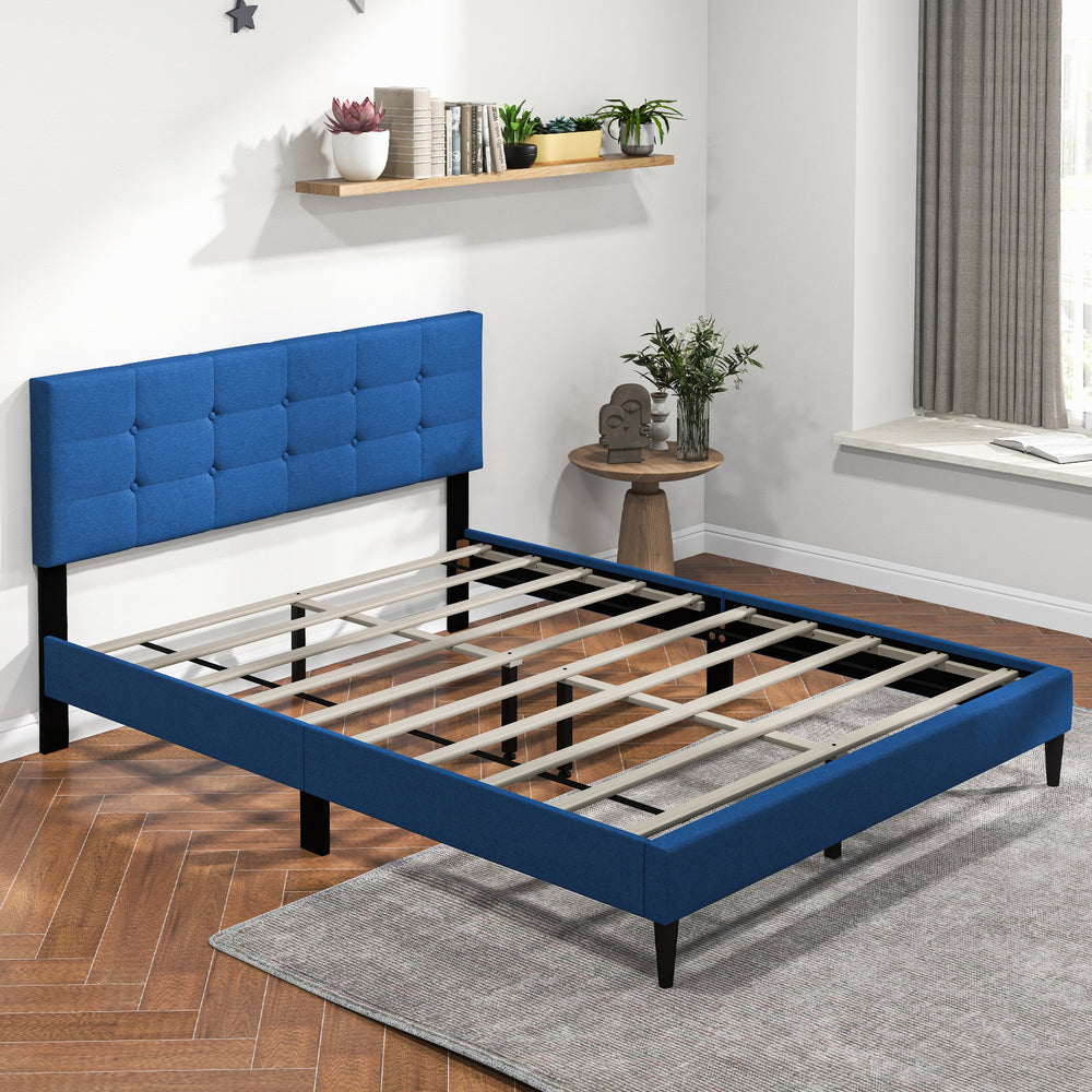 Queen Size Upholstered Platform Bed with Button Tufted Headboard-Blue - Gallery View 1 of 10