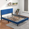 Queen size upholstered platform bed in blue with button tufted headboard, featuring solid wooden slats and modern.