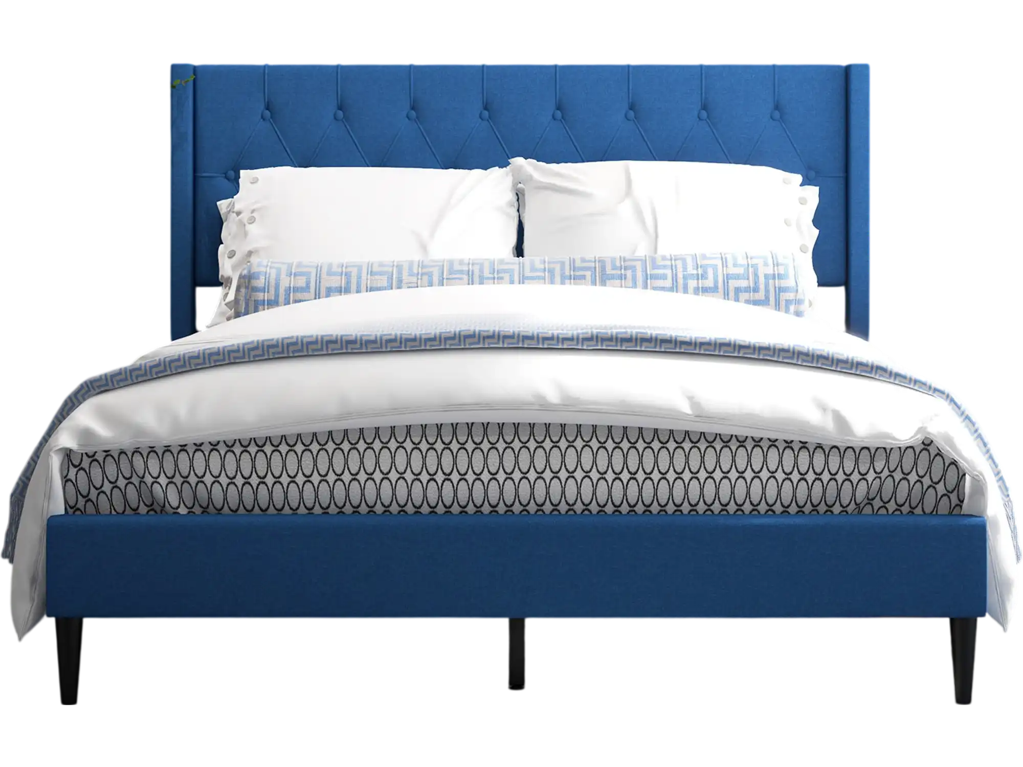 Costway Queen Upholstered Platform Bed Button Tufted Wingback Headboard Blue 89743251 New