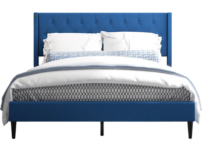 Costway Queen Upholstered Platform Bed Button Tufted Wingback Headboard Blue 89743251 New