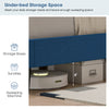 Queen size upholstered platform bed in blue with under-bed storage space and button tufted headboard for modern.