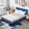 Queen size upholstered platform bed with blue button tufted headboard, showcasing a simple design and high-density.