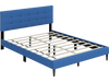 Queen size upholstered platform bed in blue with button tufted headboard, featuring solid wooden slats and under-bed.