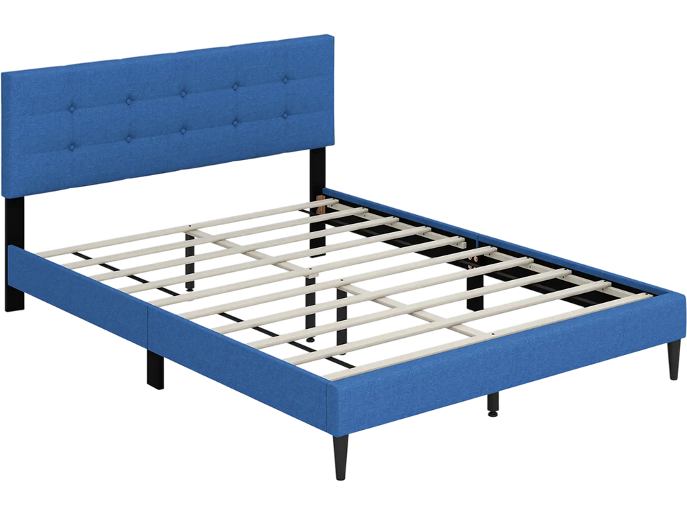 Queen size upholstered platform bed in blue with button tufted headboard, featuring solid wooden slats and under-bed.