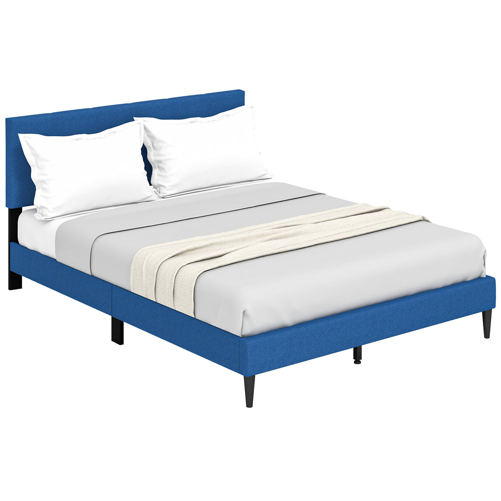 Queen size upholstered platform bed in blue with button tufted headboard, ideal for modern bedroom decor and under-bed.