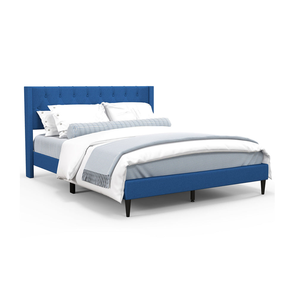 Queen size upholstered platform bed in blue with a padded headboard, perfect for comfort and style in any bedroom.