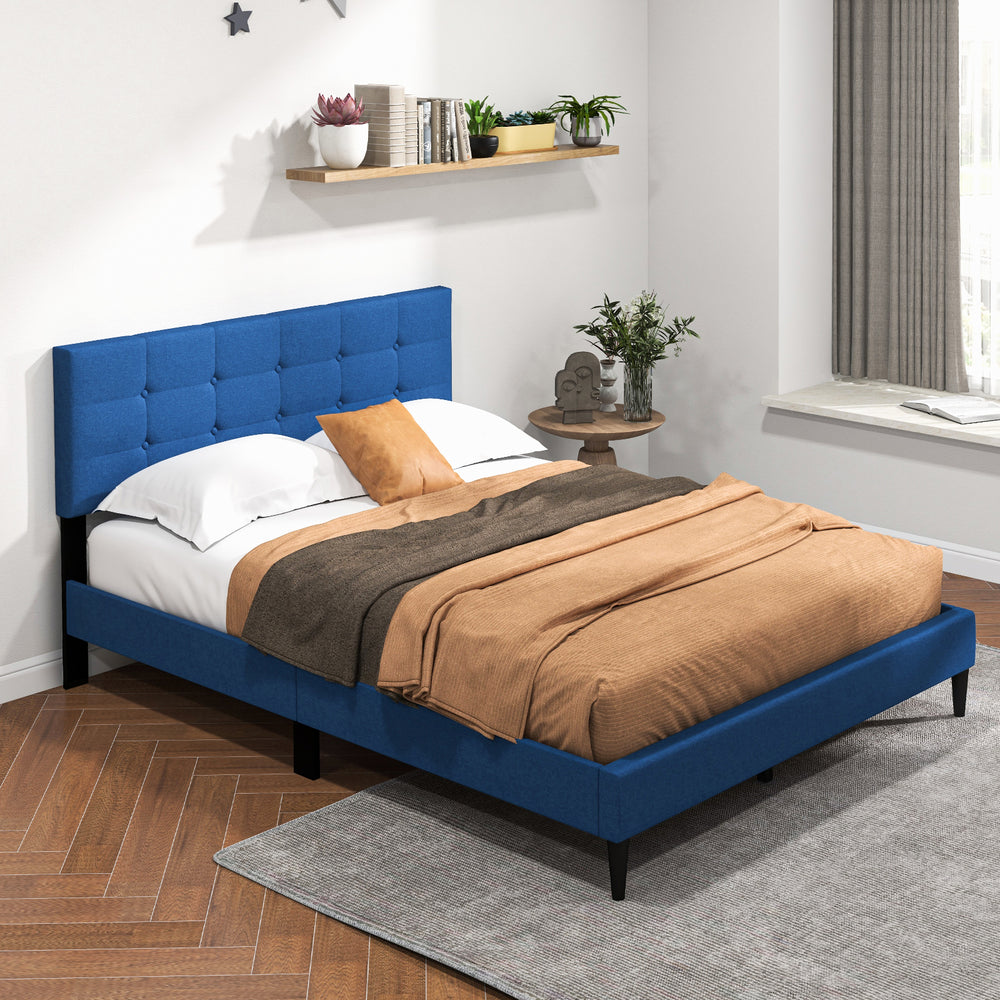 Queen size upholstered platform bed in blue with button tufted headboard, perfect for modern bedroom decor.
