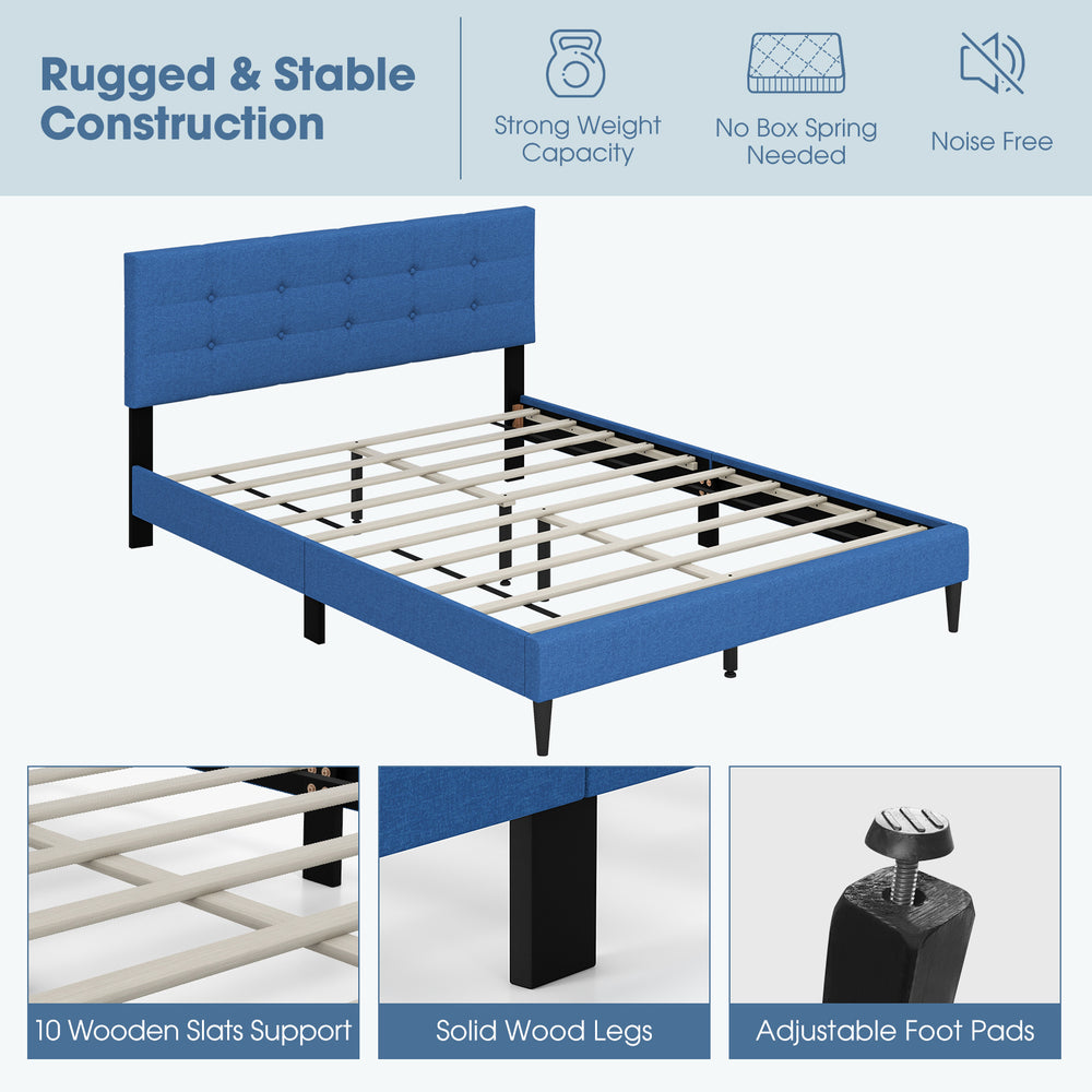 Queen size upholstered platform bed in blue with button tufted headboard, solid wood legs, and adjustable foot pads for.