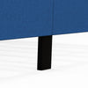 Close-up of the solid wood leg of a blue upholstered platform bed with button tufted headboard for enhanced stability.