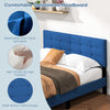 Queen size upholstered platform bed with blue button tufted headboard and breathable linen fabric for stylish bedroom.