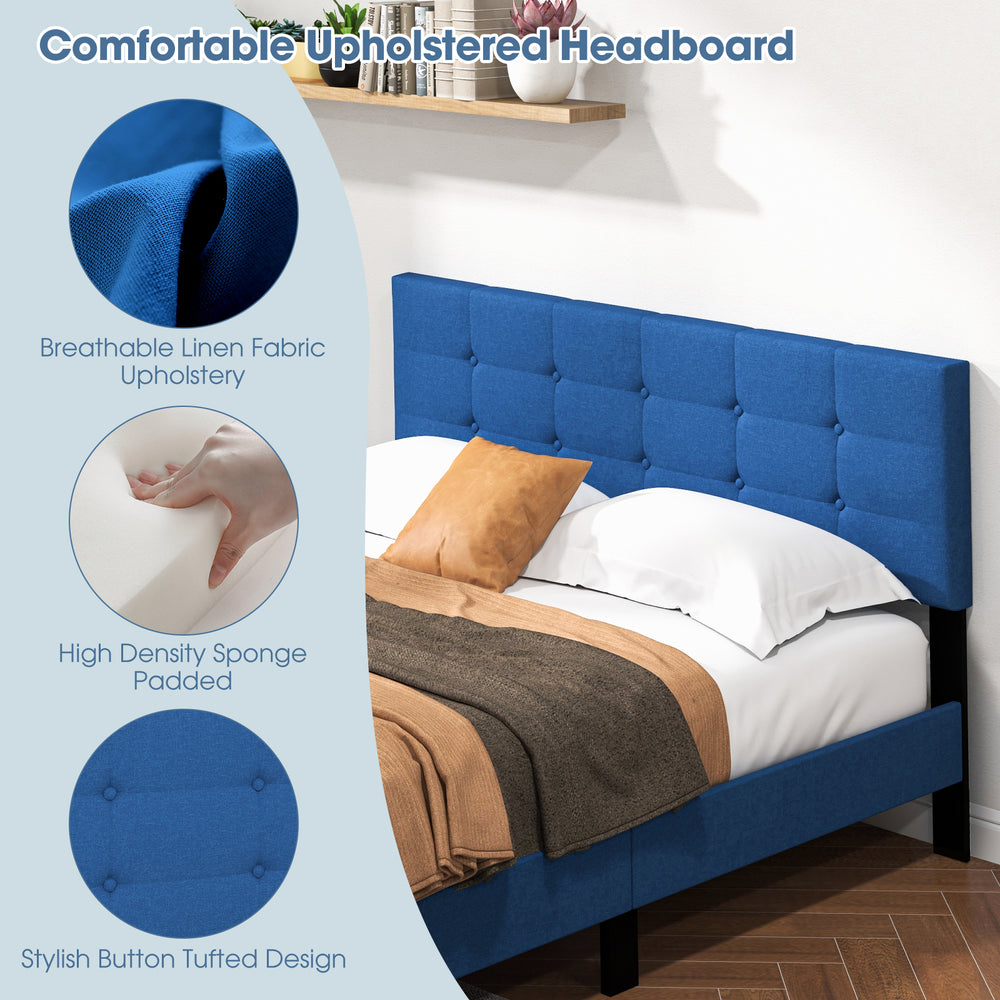 Queen size upholstered platform bed with blue button tufted headboard and breathable linen fabric for stylish bedroom.