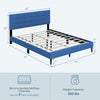Queen size upholstered platform bed in blue with button tufted headboard, featuring solid wooden slats for support.