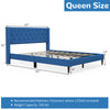 Queen size upholstered platform bed in blue with button tufted headboard, solid wood legs, and under-bed storage.