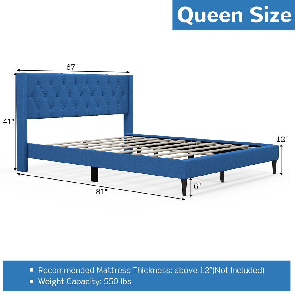 Queen size upholstered platform bed in blue with button tufted headboard, solid wood legs, and under-bed storage.