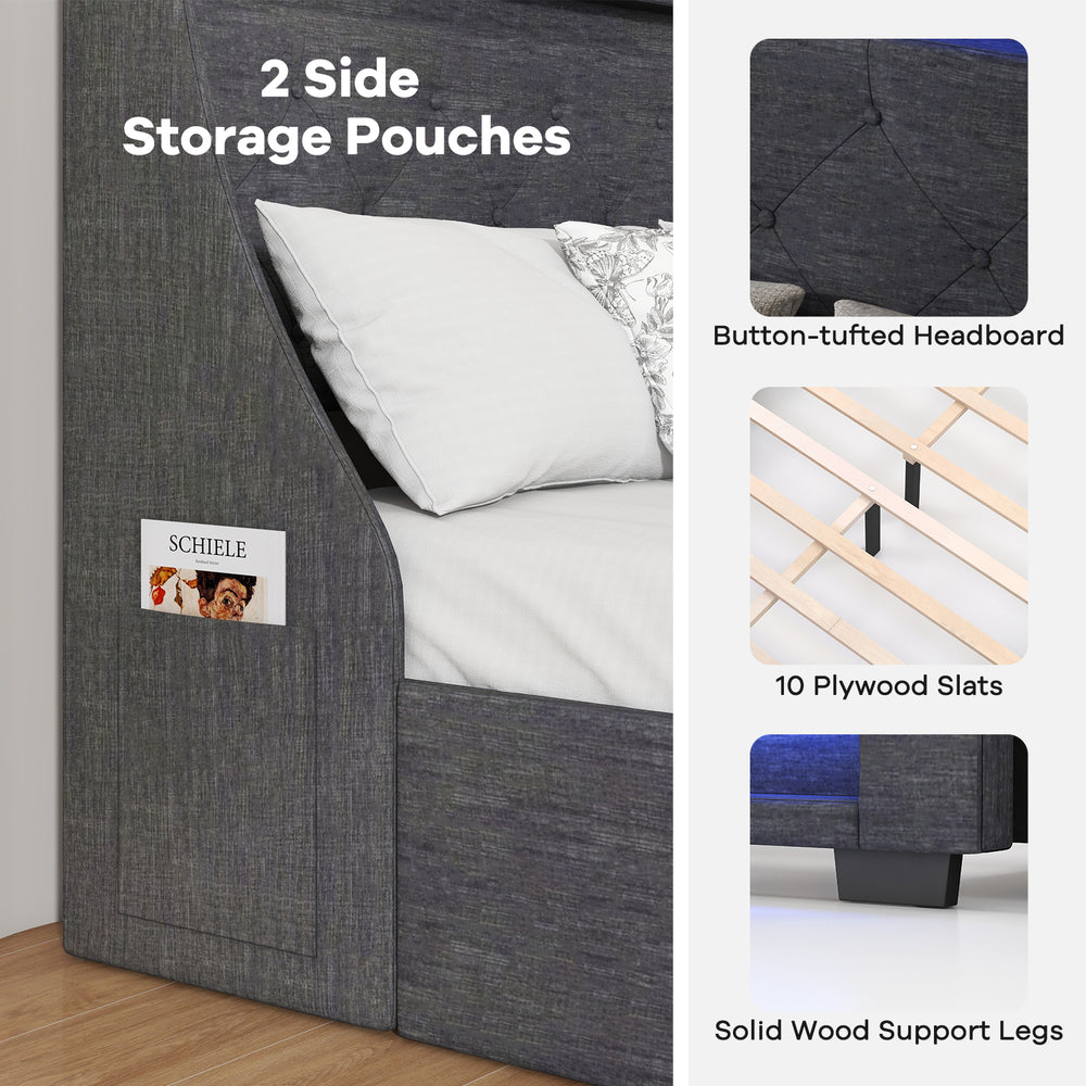 Queen size upholstered platform bed frame in grey with side storage pouches and button-tufted headboard for modern.