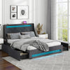 Queen size upholstered platform bed frame in grey with LED lights, charging station, and four spacious drawers for.