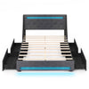Queen size upholstered platform bed frame in grey with LED lights, charging station, and four large storage drawers.