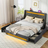 Queen size upholstered platform bed frame in grey showcasing a button-tufted headboard and built-in LED lights for.