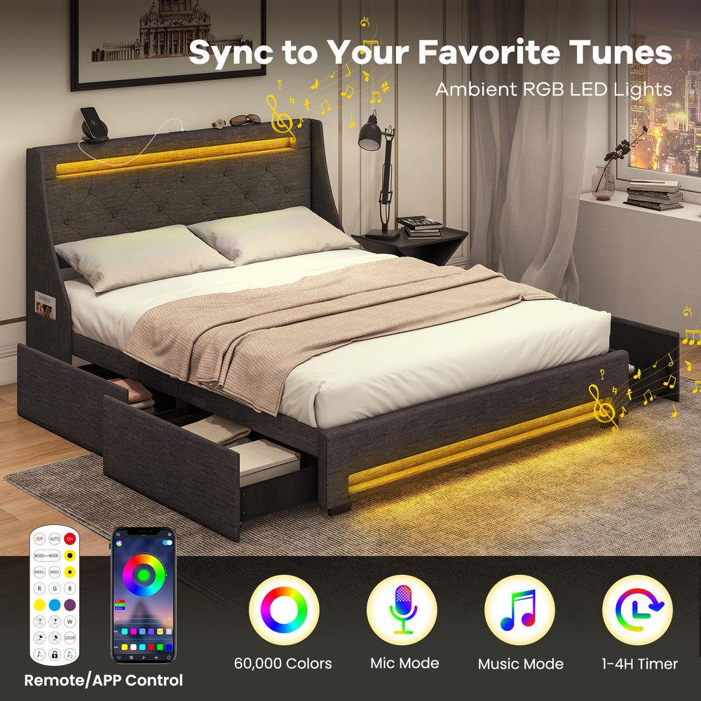 Queen size upholstered platform bed frame in grey with LED lights, remote control, and four spacious storage drawers.