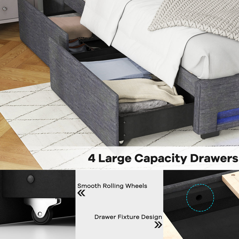 Queen size upholstered bed frame with grey fabric, featuring 4 large capacity drawers and smooth rolling wheels for.