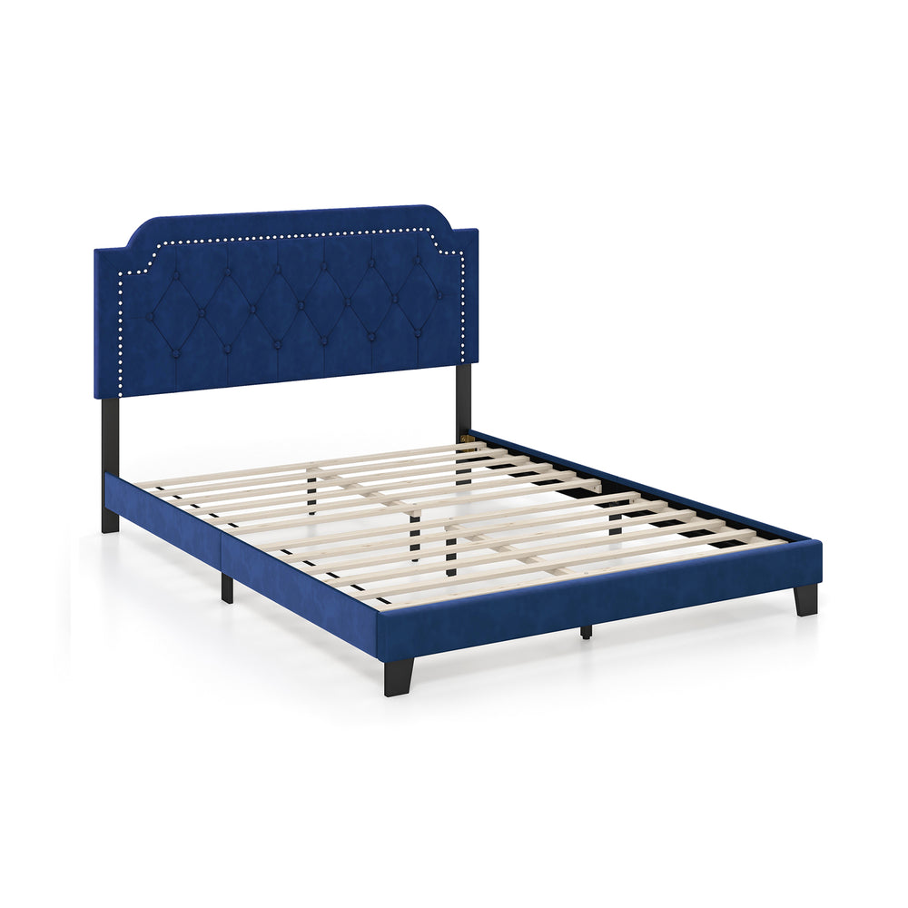 Queen size velvet platform bed with button tufted headboard and nailhead trim, featuring sturdy wooden slats for.